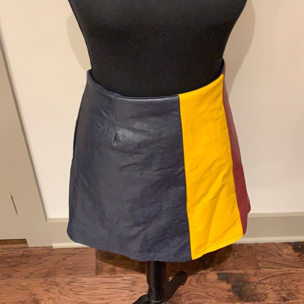 Colorblock leather mini skirt